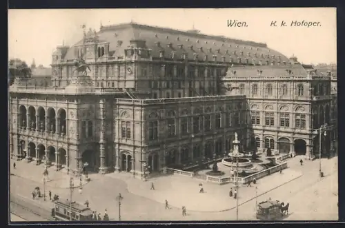 AK Wien, Strassenbahnen vor der K. k. Hofoper, Ansicht aus der Vogelschau