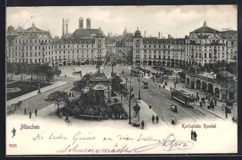 AK München, Karlsplatz Rondel mit Strassenbahnen