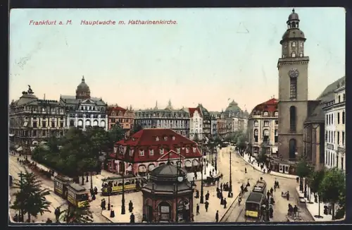 AK Frankfurt a. M., Hauptwache mit Katharinenkirche und Strassenbahnen aus der Vogelschau
