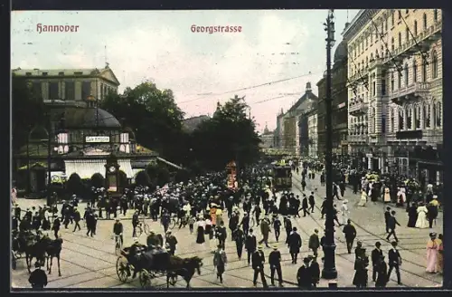 AK Hannover, Partie in der Georgstrasse, Café Kröpcke, Strassenbahn, Litfasssäule