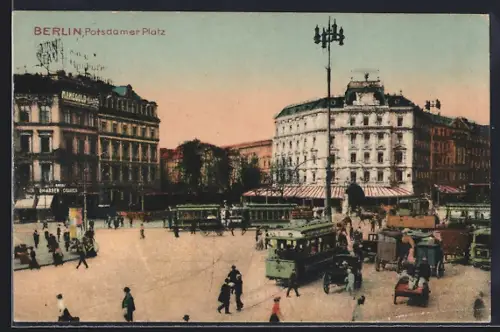 AK Berlin, Potsdamer Platz, Panorama mit Strassenbahnen