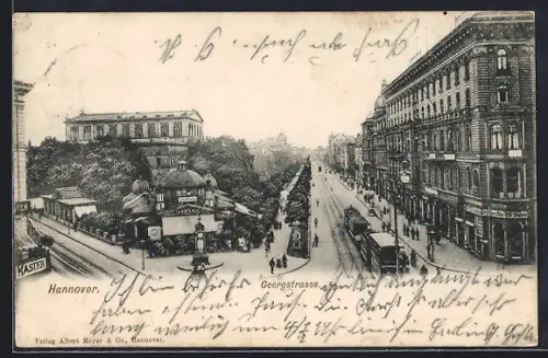 AK Hannover, Georgstrasse mit Strassenbahn u. Cafe Kröpcke aus der Vogelschau