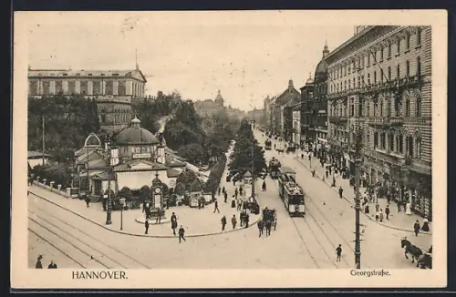AK Hannover, Georgstrasse mit Cafe Kröpcke u. Strassenbahn, Ansicht aus der Vogelschau