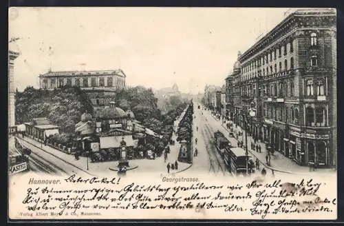 AK Hannover, Georgstrasse mit Cafe Kröpcke, Ansicht mit Strassenbahnen