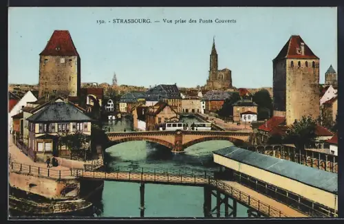 AK Strasbourg, Vue prise des Ponts Couverts, Strassenbahn