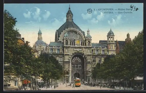 AK Anvers, Gare Centrale, Strassenbahn