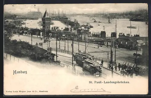 AK Hamburg-St. Pauli, Landungsbrücken und Strassenbahnen