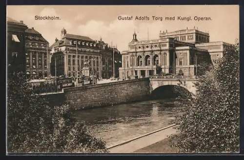 AK Stockholm, Gustaf Adolfs Torg med Kungl. Operan, Strassenbahn
