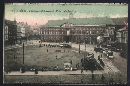 AK Liége, Place St-Lambert et Palais de Justice, Strassenbahn