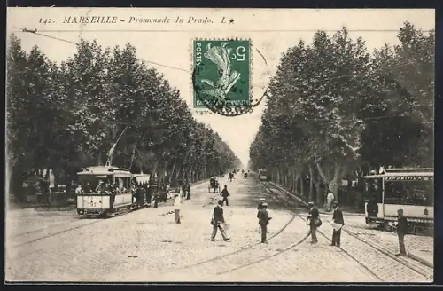 AK Marseille, Promenade du Prado, Strassenbahn