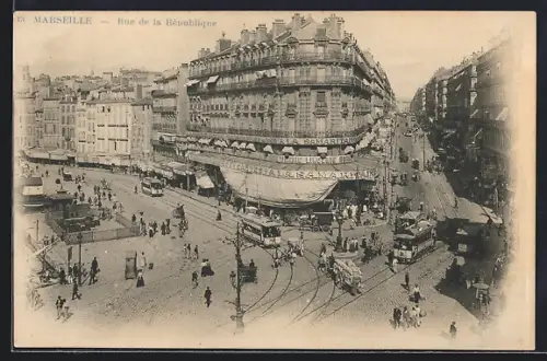 AK Marseille, Rue de la Republique, Strassenbahn