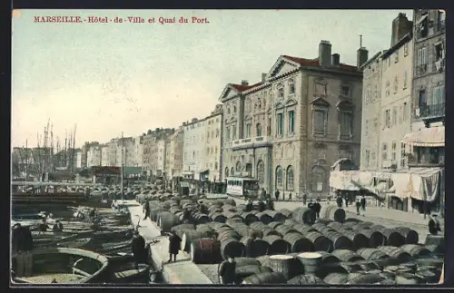 AK Marseille, Hotel-de-Ville et Quai du Port, Strassenbahn