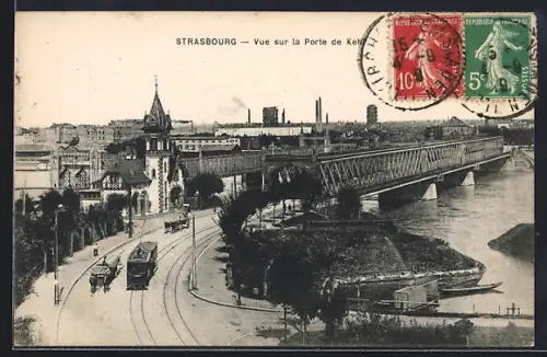 AK Strasbourg, Vue sur la Porte de Kehl, Strassenbahn
