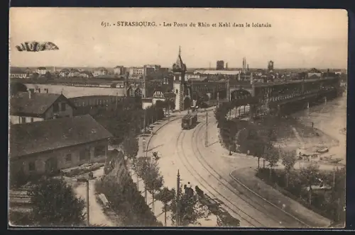 AK Strasbourg, Les Ponts du Rhin et Kehl dans le lointain, Strassenbahn