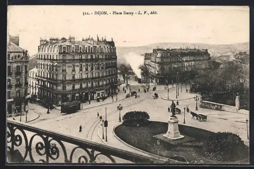 AK Dijon, Place Darcy, Strassenbahn