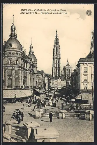AK Anvers, Cathedrale et Canal au Sucre, Strassenbahn
