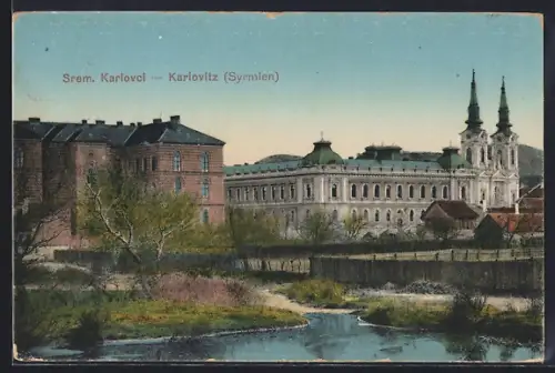 AK Karlovitz /Syrmien, Ortspartie mit Kathedrale