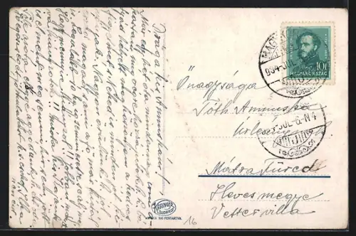 AK Nagykörös, Ortspartie mit Kirche im Passepartout auf einer Gurke