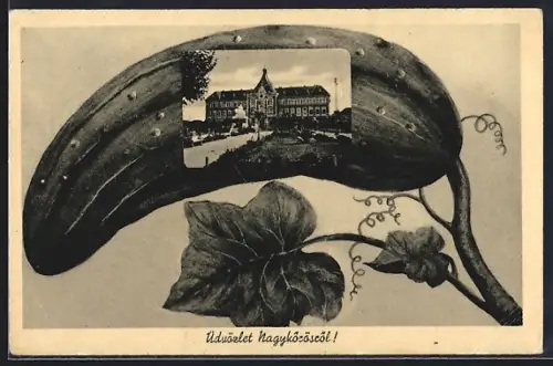 AK Nagykörös, Ansicht eines öffentlichen Gebäudes im Passepartout auf einer Gurke