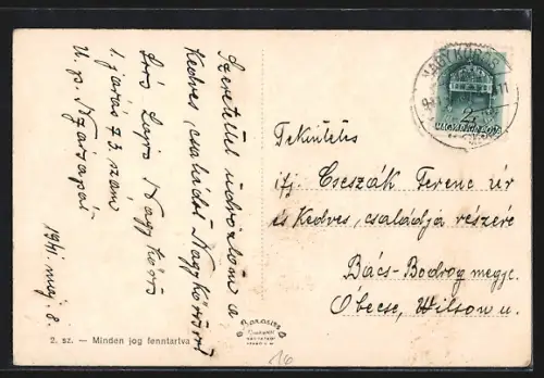 AK Nagykörös, Ansicht eines öffentlichen Gebäudes im Passepartout auf einer Gurke