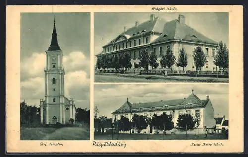 AK Püspökladány, Ref. templom, Polgári iskola, Szent Imre iskola