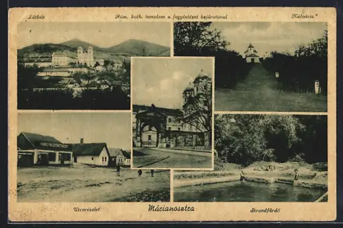 AK Márianosztra, Látkép, Kálvária, Utcarészlet, Strandfürdö, Róm. kath. templom