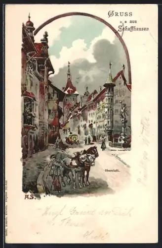 Lithographie Schaffhausen, Oberstadt, Ortspartie mit Brunnen
