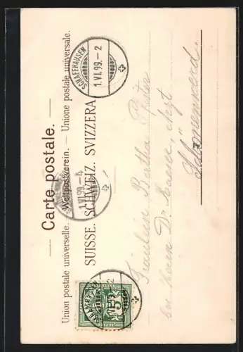 Lithographie Schaffhausen, Oberstadt, Ortspartie mit Brunnen