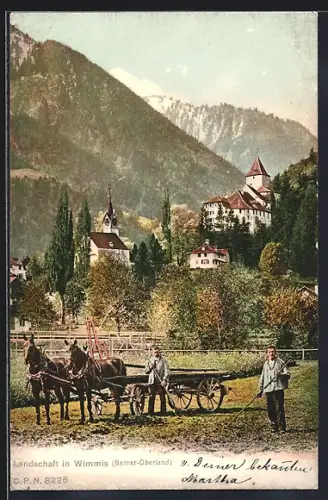AK Wimmis, Panorama mit Bauern und Pferdewagen