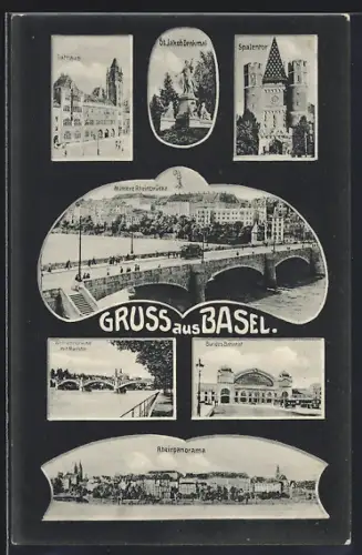 AK Basel, St. Jakob-Denkmal, Mittlere Rheinbrücke, Rathaus, Spalentor, Bundesbahnhof