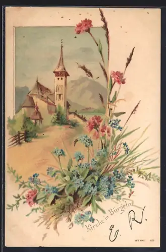 Lithographie Bürgeln, Partie an der Kirche