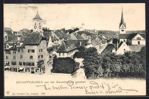 AK Schaffhausen, Ortsansicht mit Kirche von der Gewerbehalle gesehen
