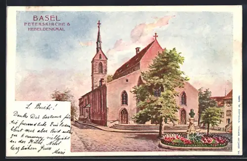 Künstler-AK Basel, Peterskirche und Hebeldenkmal