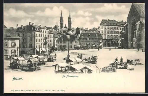 AK Basel, Barfüsserplatz mit Marktständen aus der Vogelschau, Wein- & Speisewirtschaft von E. Brüderlin