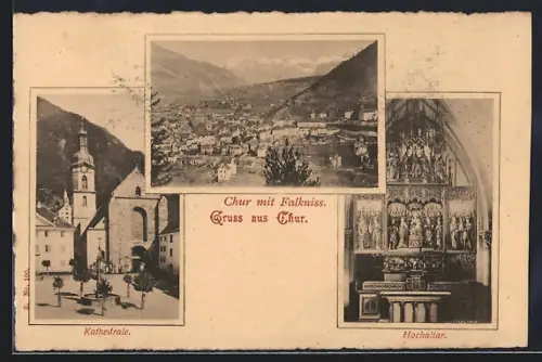 AK Chur, Ortsansicht aus der Vogelschau mit Falkniss, Kathedrale, Hochaltar