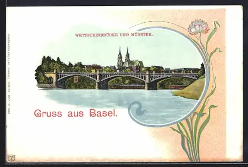 AK Basel, Wettsteinbrücke und Münster, Jugendstil-Passepartout