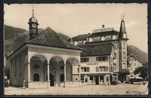 AK Brunnen, St. Agatha-Kapelle, Hotel Schweizerhof, Drogerie und Apotheke