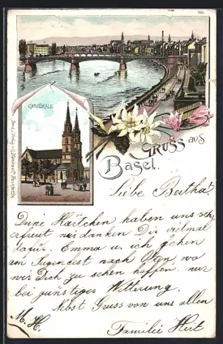 Lithographie Basel, Cathedrale, Brücke über den Rhein