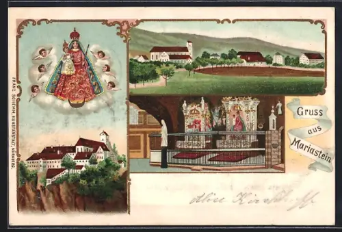 Lithographie Mariastein, Kloster, Aussen- und Innenansichten, Gnadenbild