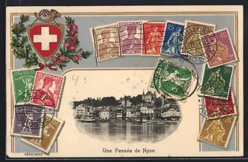 AK Nyon, Blick vom Wasser auf die Stadt, Briefmarken der Schweiz