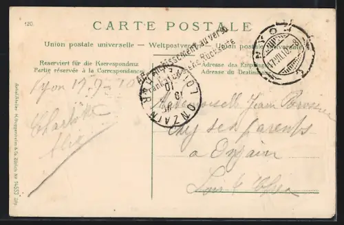 AK Nyon, Blick vom Wasser auf die Stadt, Briefmarken der Schweiz