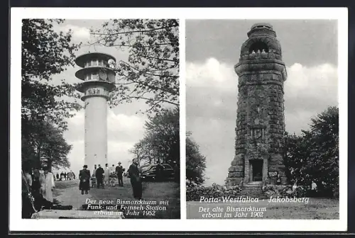 AK Porta-Westfalica, Neuer Bismarckturm und alter Bismarckturm auf dem Jakobsberg