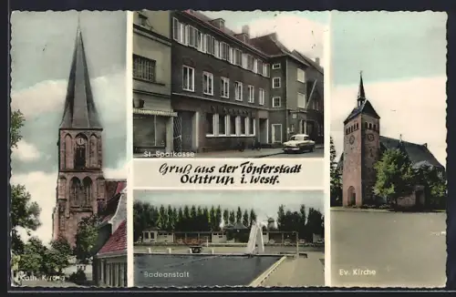 AK Ochtrup i. Westf., Kath. Kirche, St. Sparkasse, Badeanstalt, Ev. Kirche