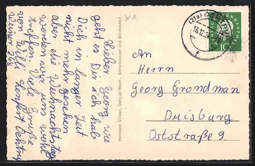 AK Ochtrup i. Westf., Kath. Kirche, St. Sparkasse, Badeanstalt, Ev. Kirche