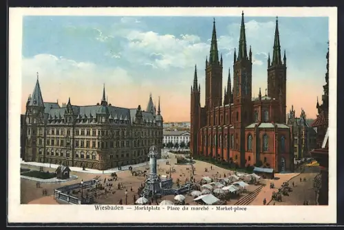 AK Wiesbaden, Marktplatz mit Kirche