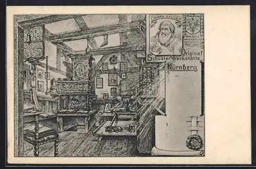 Künstler-AK Nürnberg, Hans Sachs Schusterwerkstätte, Hans-Sachs-Haus
