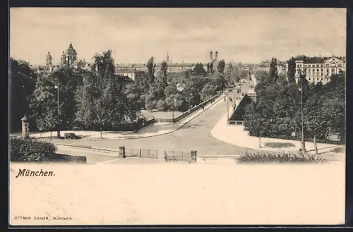 AK München, Stadtansicht mit Brücke und Park