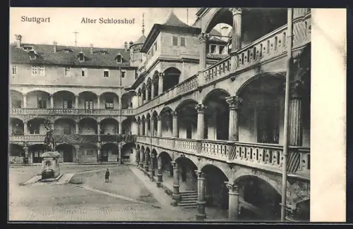 AK Stuttgart, Alter Schlosshof mit Denkmal