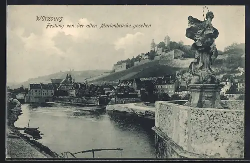 AK Würzburg, Festung von der alten Marienbrücke gesehen