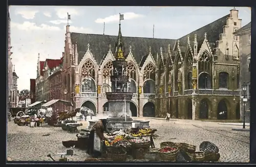 AK Braunschweig, Altstadtrathaus mit Brunnen